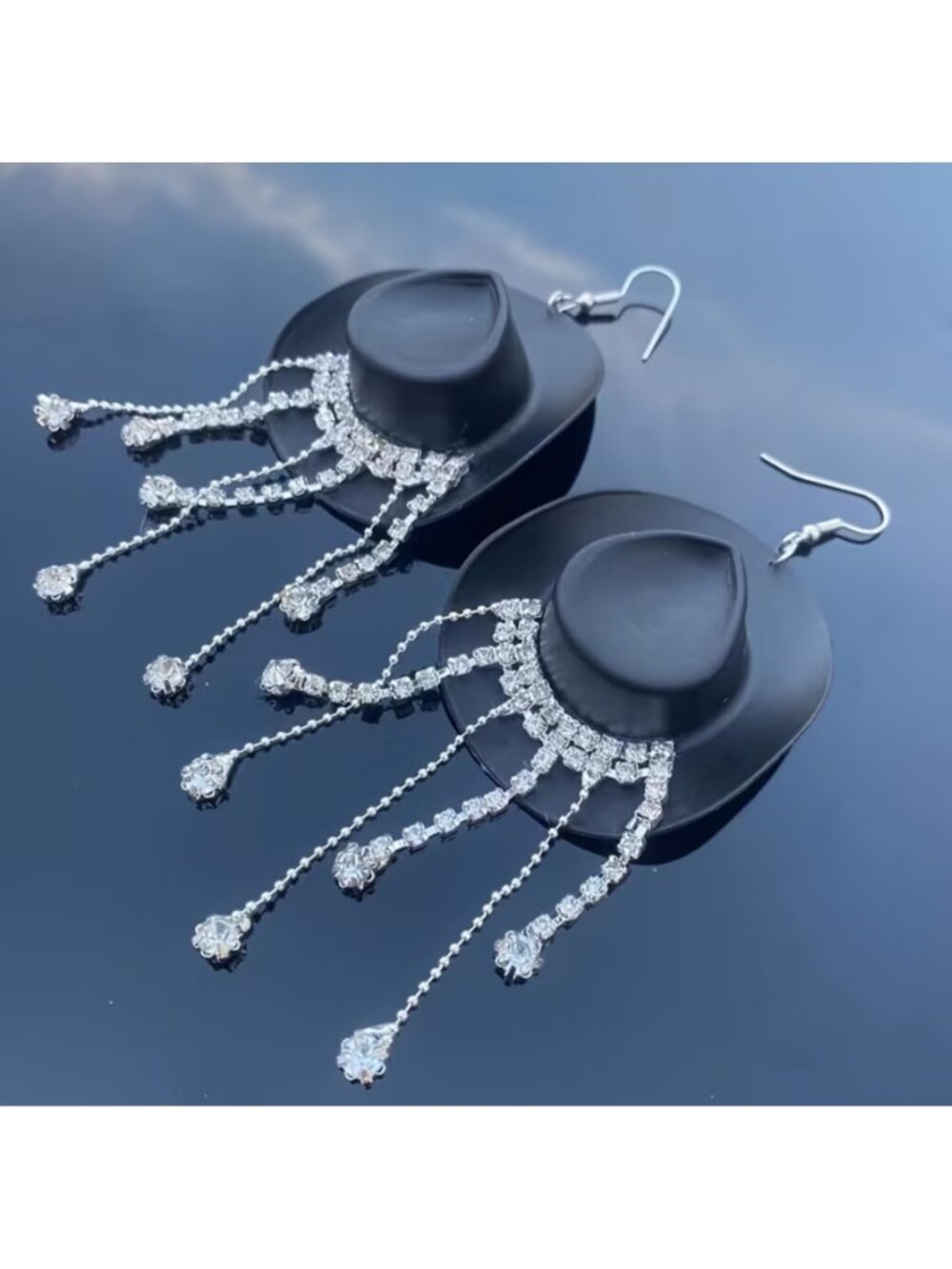 Rhinestone Black Cowboy Hat Dangle Earrings Western Cowgirl Statement Earrings